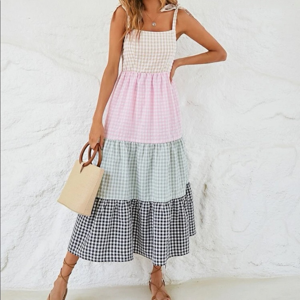 Color block gingham print dress - Picture 2 of 8